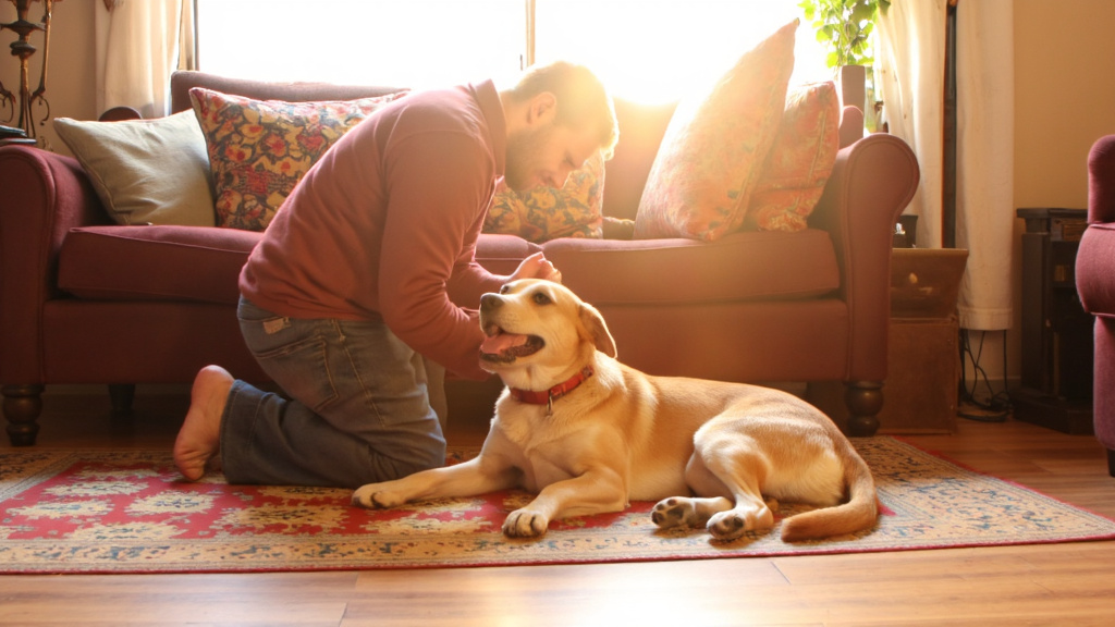 A concerned owner kneeling beside a dog lying on its side, mid-seizure, in a living room.