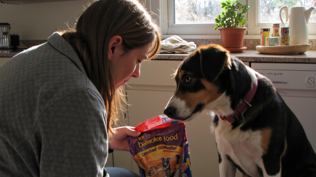 A concerned dog owner examining a bag of commercial dog food with a curious dog nearby in a sunlit kitchen, focusing on the ingredient list.