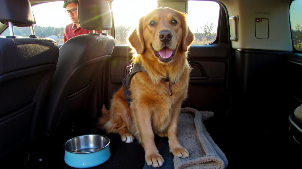 Dog comfortably seated in backseat with harness, water bowl, and travel bed visible, driver checking rearview mirror.