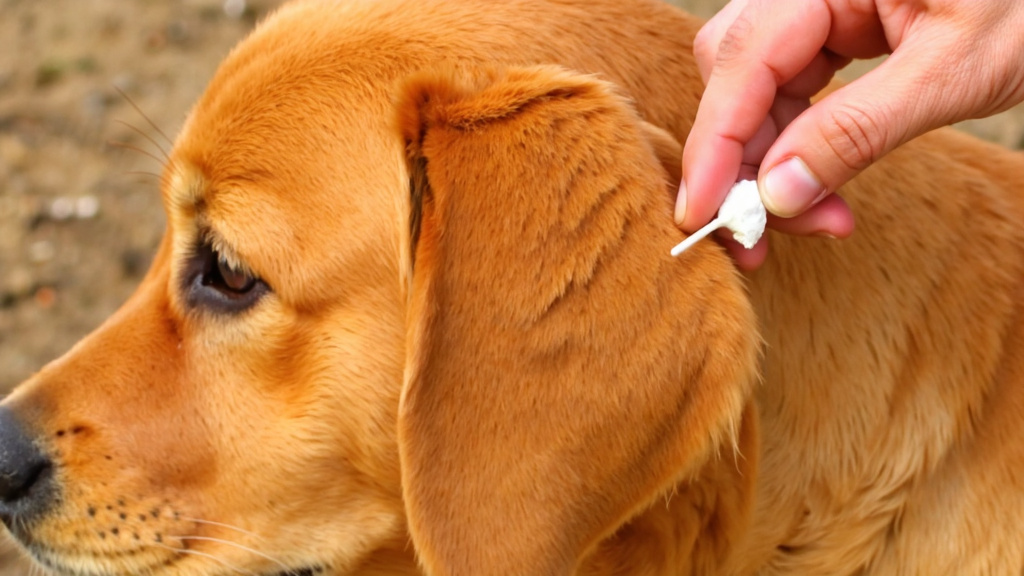 Close-up of a golden retriever's ear with a gentle hand applying ear cleaner in warm tones.