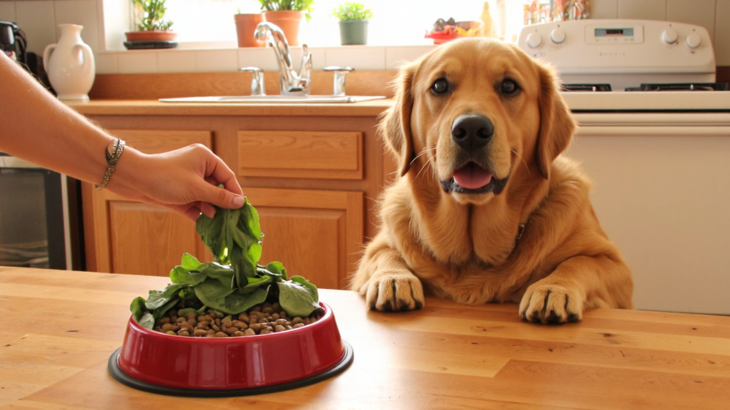 A golden retriever sitting next to a kitchen counter watching spinach being added to a dog bowl.