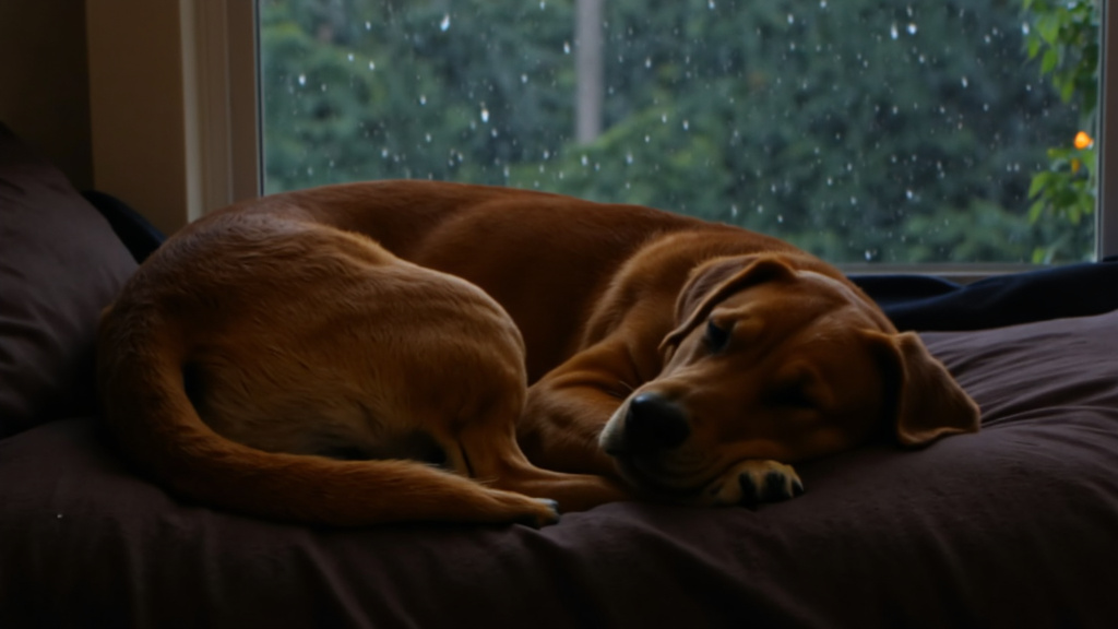 A golden retriever curled up on a cozy bed, sleeping peacefully during a thunderstorm with raindrops on the window.