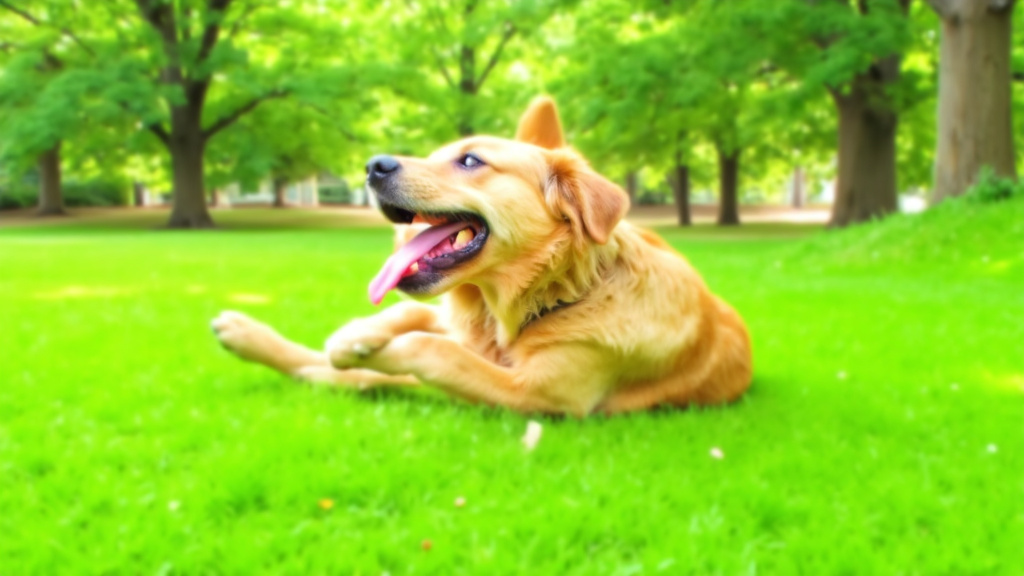 A happy golden retriever rolling on its back in lush green grass with sunlight filtering through trees.