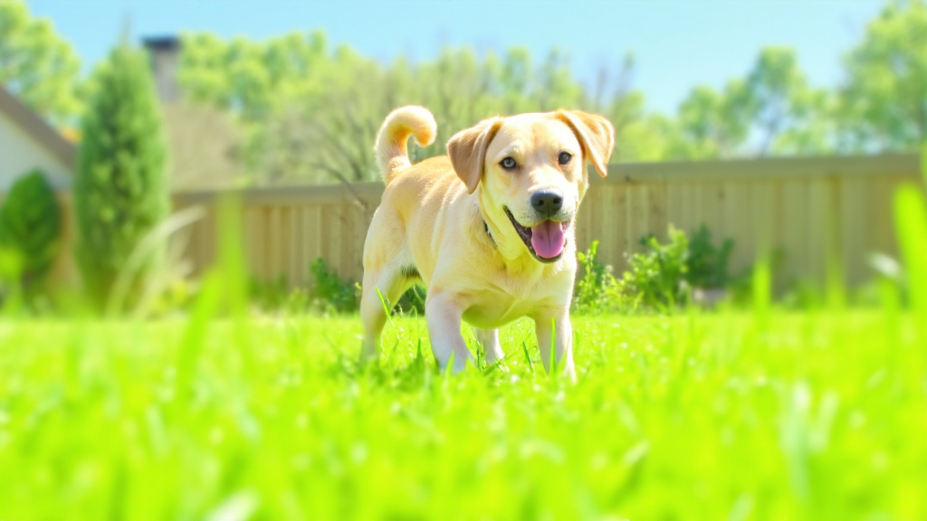 Happy, healthy dog with clean ears playing in sunlit garden with natural cleaning products visible in background.