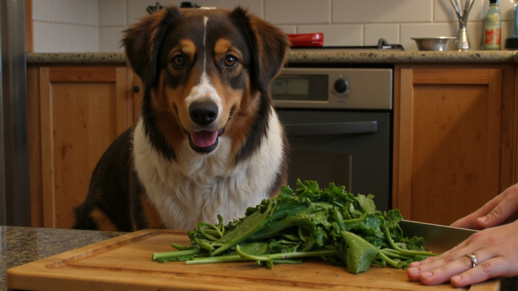 Person chopping spinach leaves on a cutting board next to a curious dog in a bright kitchen.