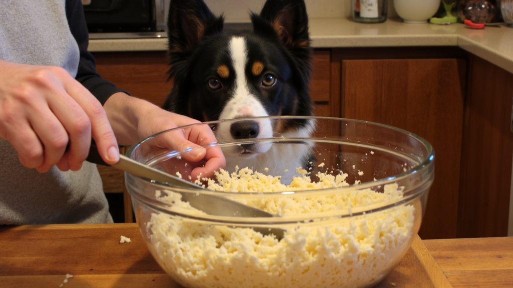 Person mixing natural ingredients in a glass bowl with a dog watching curiously in a kitchen setting.