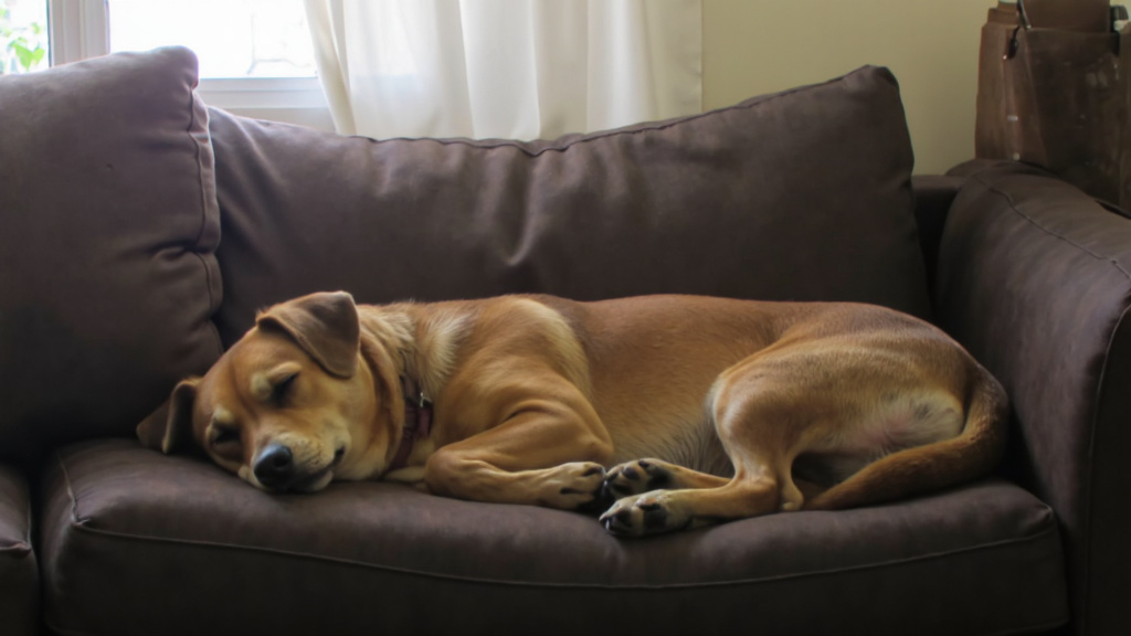 A sleeping dog on a cozy couch with twitching legs in soft afternoon light.