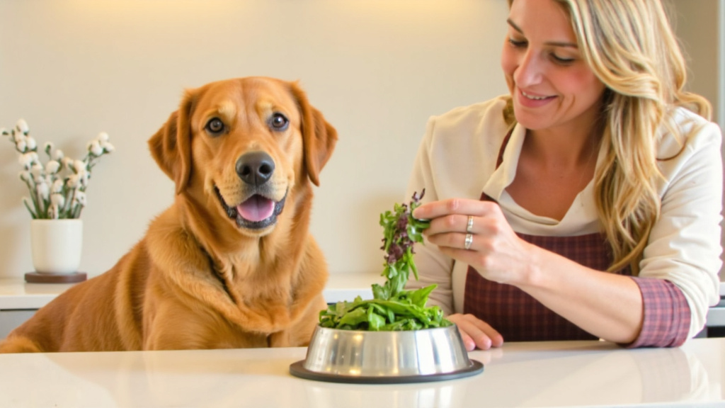 Smiling woman measuring portion of mixed greens into dog food bowl, dog watching eagerly