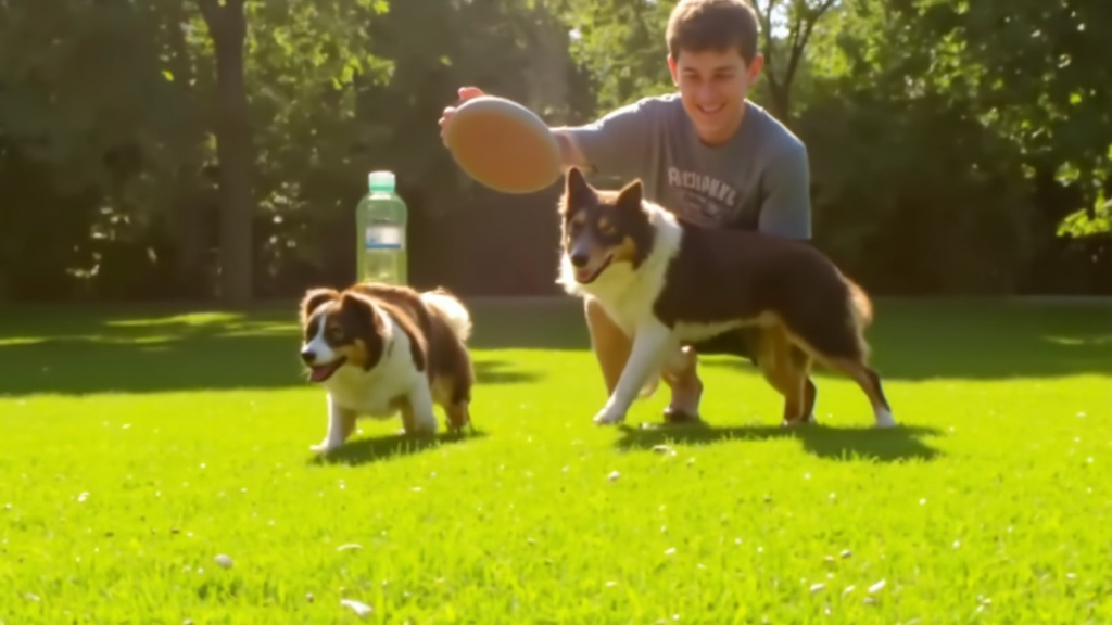 Athletic dog and owner playing frisbee in a sunny park with a water bottle and shade nearby.