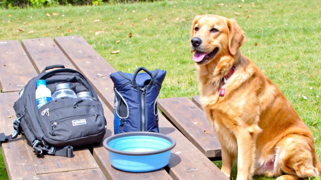 Backpack with water bottles, collapsible dog bowl, and cooling vest laid out on a picnic table