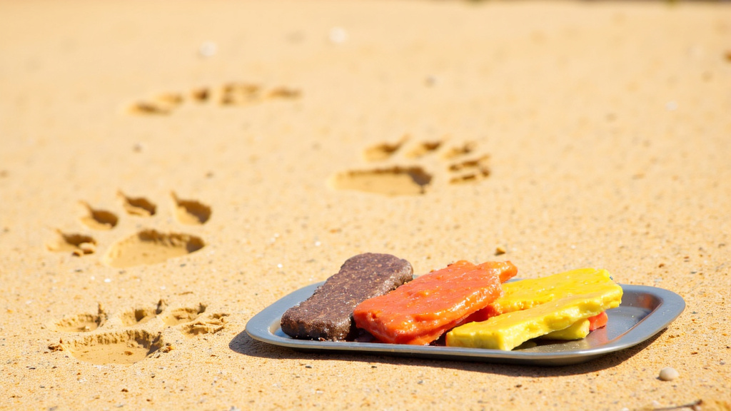 A variety of colorful frozen dog treats on a tray with dog paw prints visible in the background.
