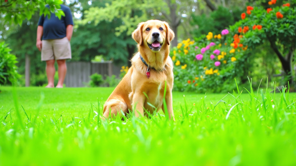 Concerned dog owner observing their pet struggling to defecate in backyard, realistic setting