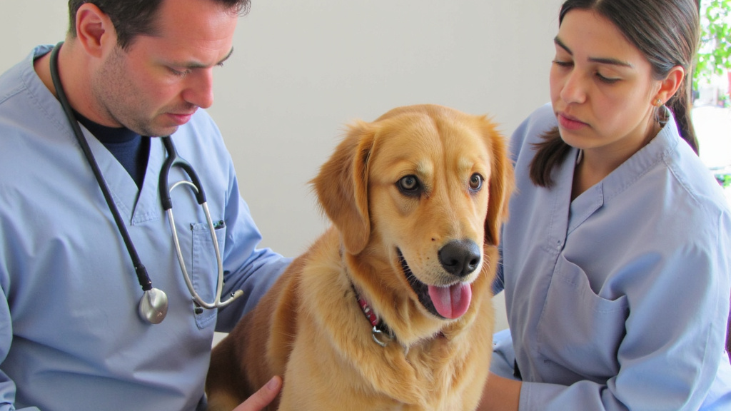 Concerned pet owner consulting with veterinarian about dog's digestive health in a modern vet clinic.