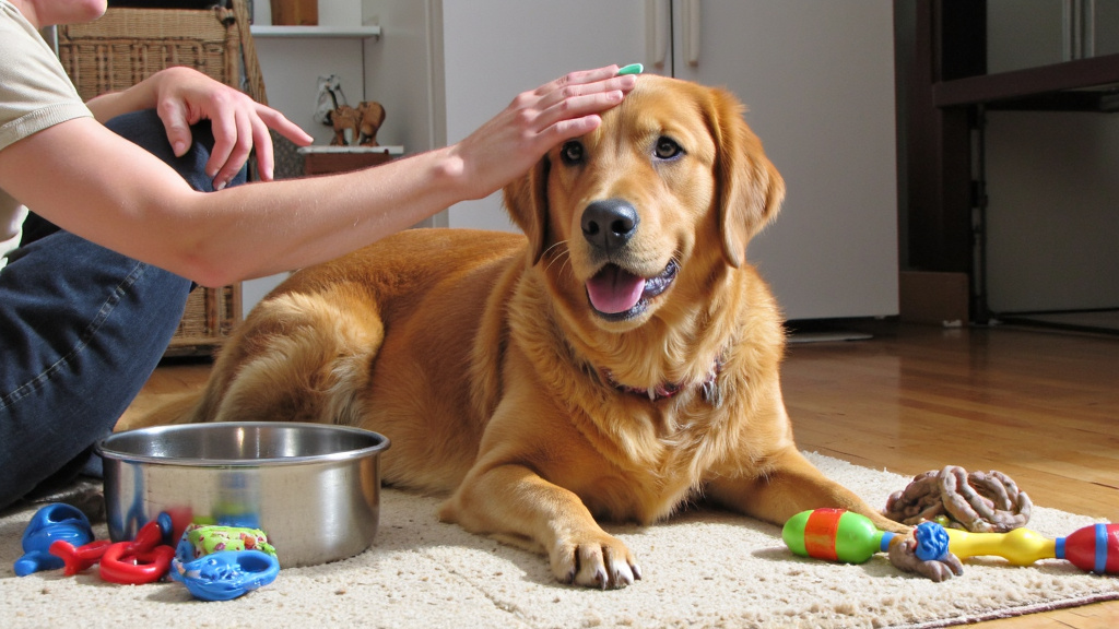 Dog receiving brushing from owner next to a clean water bowl and chew toys in a cozy home environment.