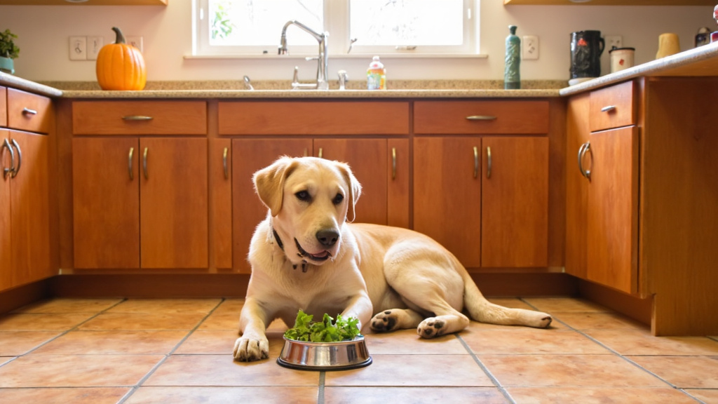 Dog owner adding fiber-rich food to dog bowl in kitchen with a pumpkin can visible nearby
