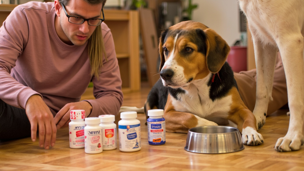 A concerned dog owner examining supplement bottles next to a bowl of kibble, with a healthy adult dog watching curiously, natural indoor lighting