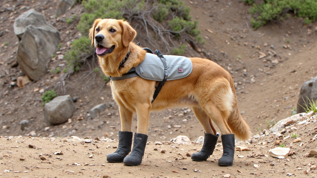 Dog wearing protective boots and light-colored cooling vest on rocky trail.