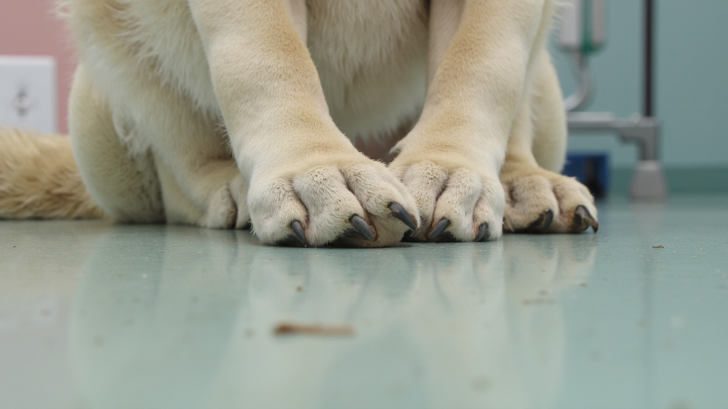 Close-up of a dog's joint with animated glucosamine molecules in a veterinary clinic.