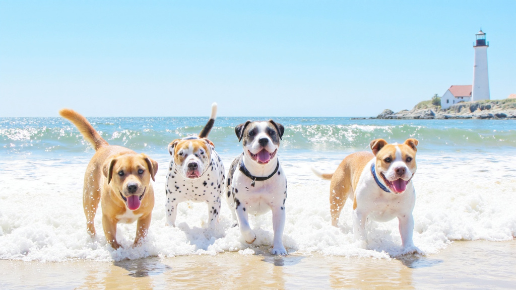 Diverse group of dogs playing in waves on a picturesque East Coast beach with a lighthouse in the distance.