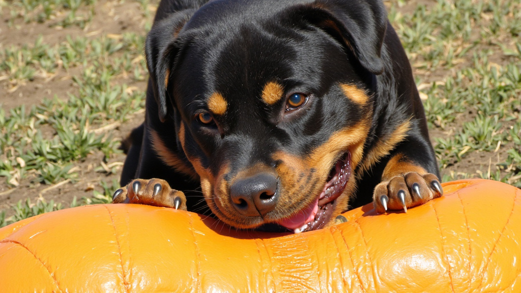Durable Rubber Dog Toy Close-up of a durable rubber dog toy being chewed by a large dog.