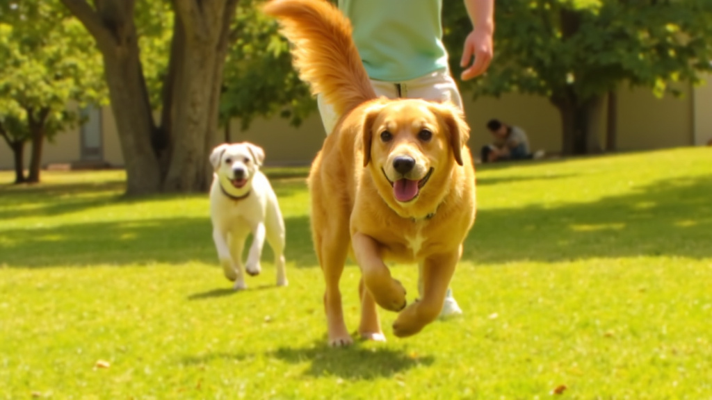 Elderly dog running playfully in a park with owner in background holding a probiotic treat on a sunny day.