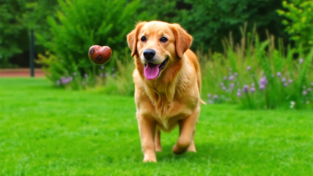 Happy dog playing fetch in park with owner nearby, offering water and healthy treats
