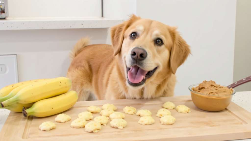 Happy dog eagerly watching owner prepare frozen treats in kitchen with ingredients visible.