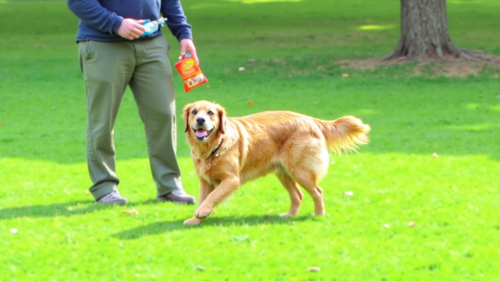Happy, healthy dog playing in park after eating balanced meal, owner holding water bottle and healthy treats.