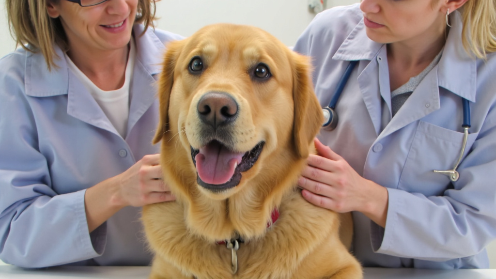 Happy, healthy dog receiving checkup from veterinarian in modern vet clinic setting.
