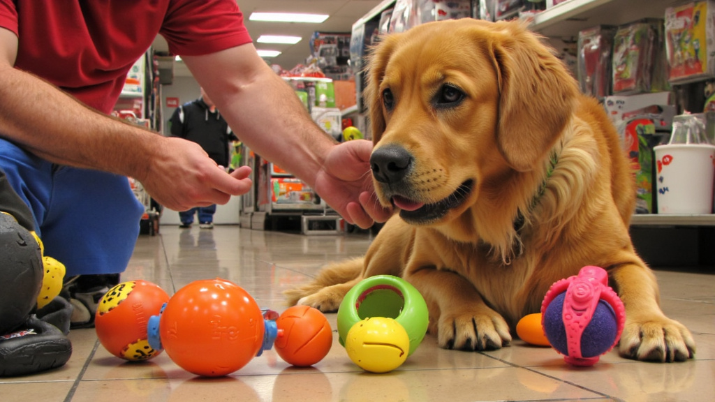 Comparison of Indestructible Dog Toys A pet owner comparing different sized indestructible dog toys to their dog's mouth size in a pet store aisle