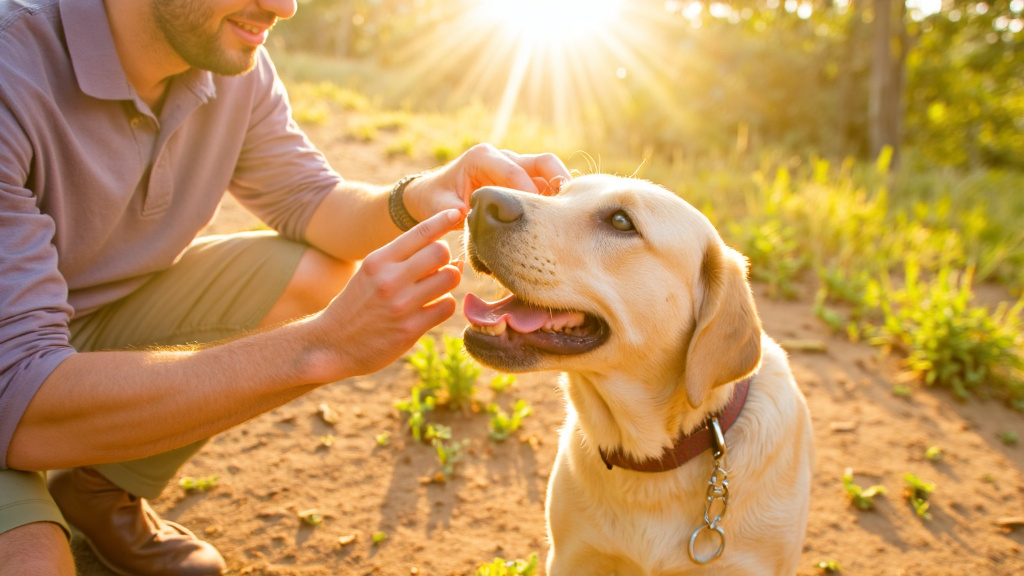 Owner checking dog's paw pads and applying sunscreen to dog's nose before hike