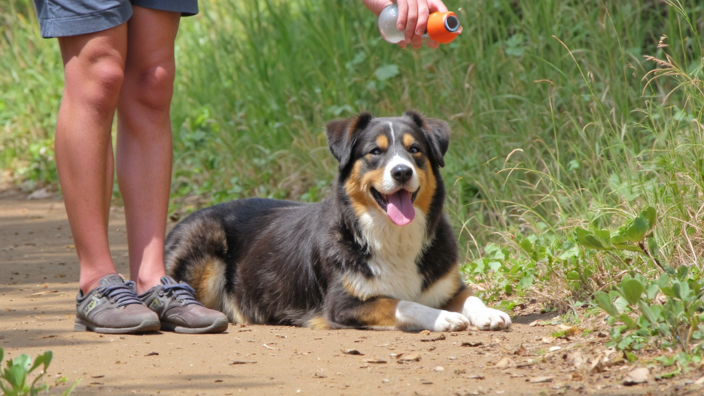 Panting dog resting in shade on a hiking trail on a hot summer day with owner offering water.