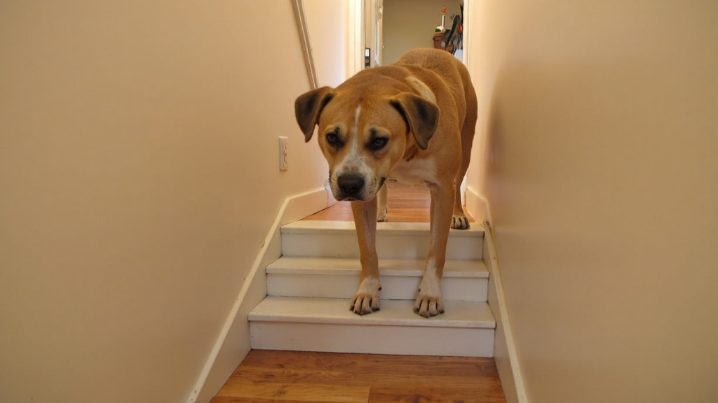 Senior dog hesitating at the bottom of stairs in a cozy home setting