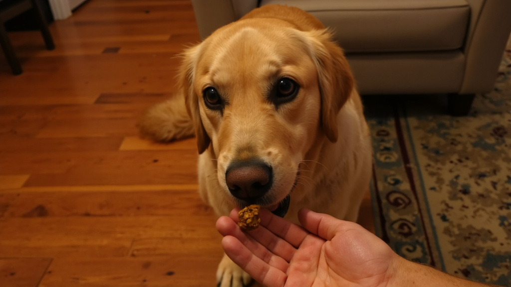 Senior Dog Taking Joint Supplement Treat Close-up of a senior dog taking a joint supplement treat from an owner's hand in a living room setting.