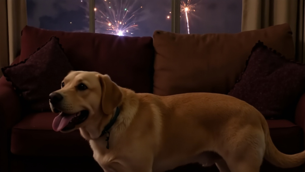Dog exhibiting signs of stress, panting with ears back and tail tucked in a living room during distant fireworks sounds.