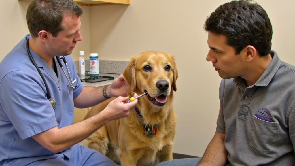 Veterinarian Discussing Supplements with Dog Owner Veterinarian examining a healthy dog while discussing supplements with a concerned owner in a clinic setting.