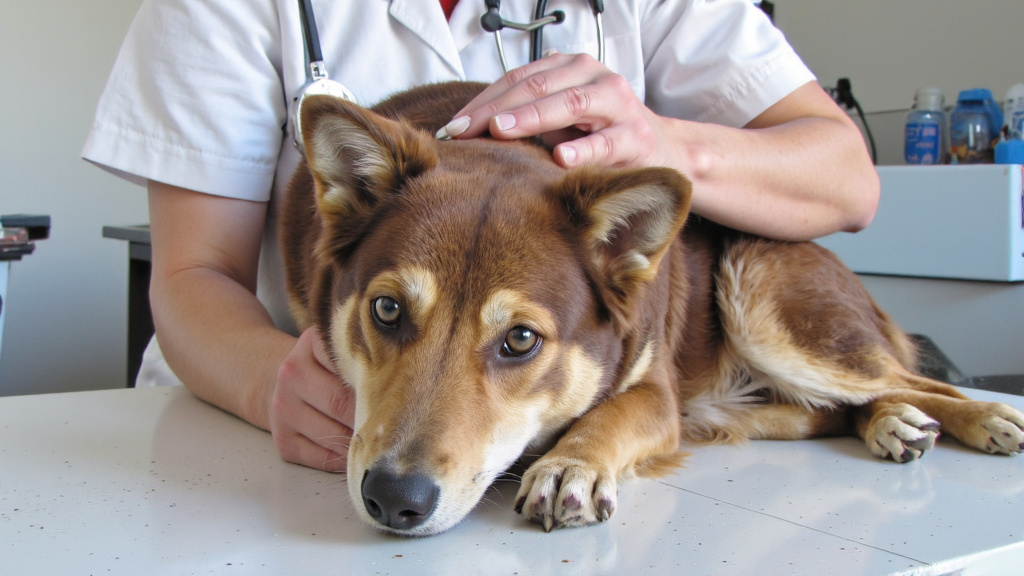 Veterinarian applying soothing cream to a dog's sunburned areas in a clinic setting