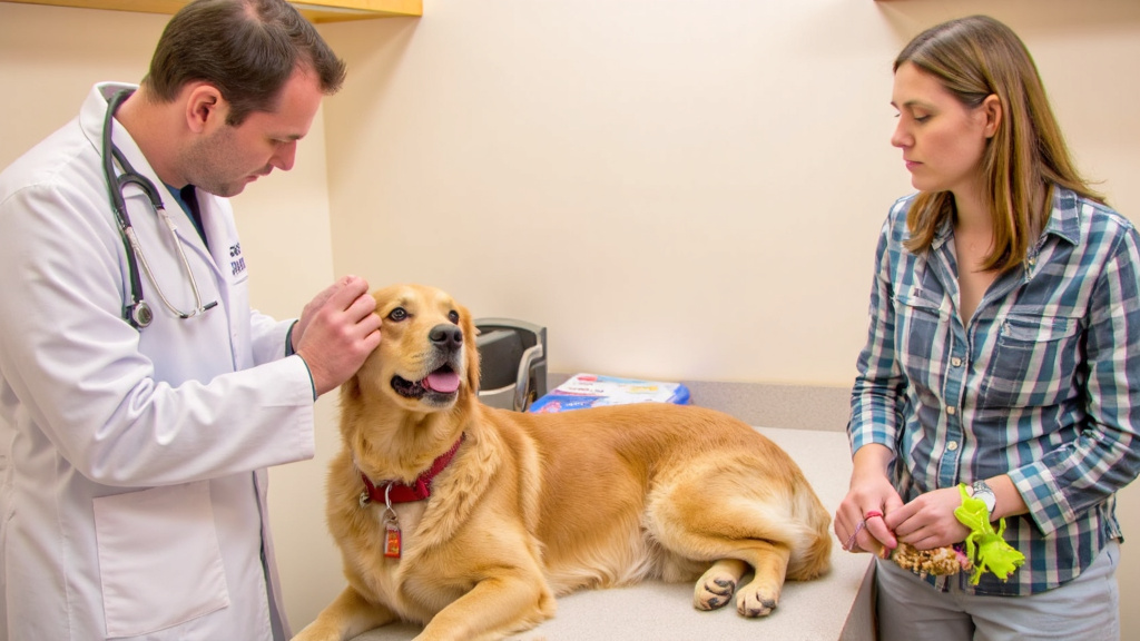 Veterinarian Examining Dog Toy Veterinarian examining a chewed tough dog toy, pointing out potential hazards to a concerned pet owner