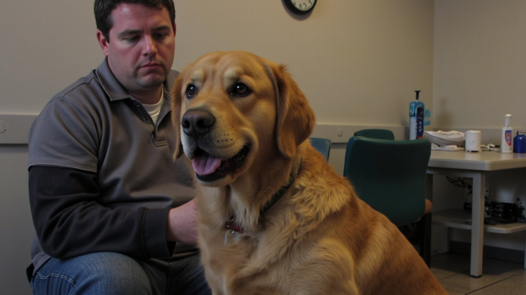 Worried pet owner in veterinary waiting room with visibly uncomfortable dog, clock showing late hour.