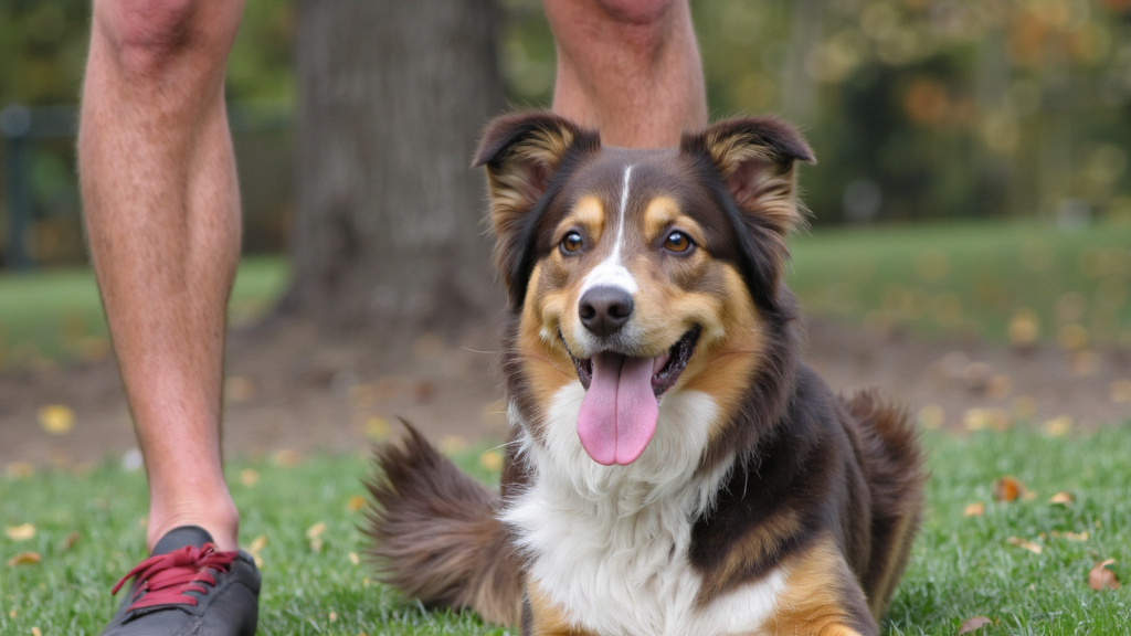 A panting Australian shepherd and its owner looking flushed after a run in the park, both in natural outdoor lighting.