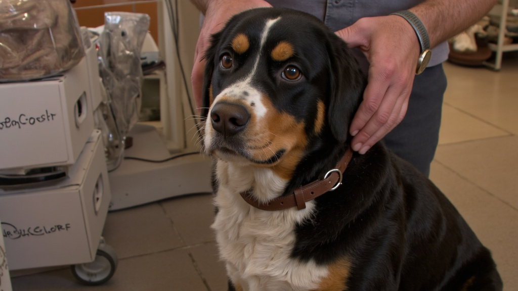 Close-up of a Bernese Mountain Dog sitting patiently as a person's hands adjust a leather collar.