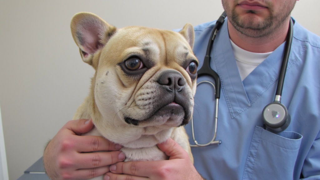 Concerned owner holding a French bulldog at a veterinary clinic with bright indoor lighting. The dog has slightly irritated skin and a veterinarian is seen in the background.