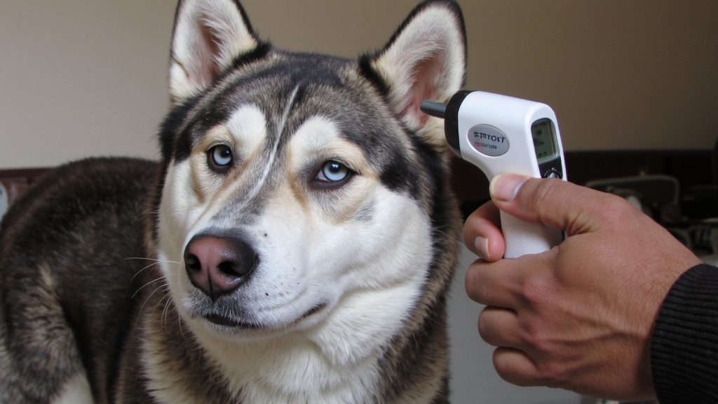 Close-up of a concerned husky owner gently placing a digital thermometer on their dog's ear with soft indoor lighting, dog looking slightly uncomfortable