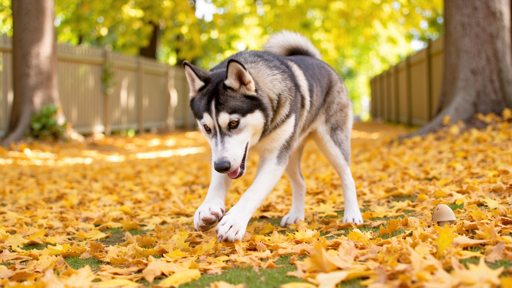 A husky pawing at fallen leaves in a backyard, with scattered mushrooms nearby and dappled sunlight filtering through the trees, displaying inquisitive body language.