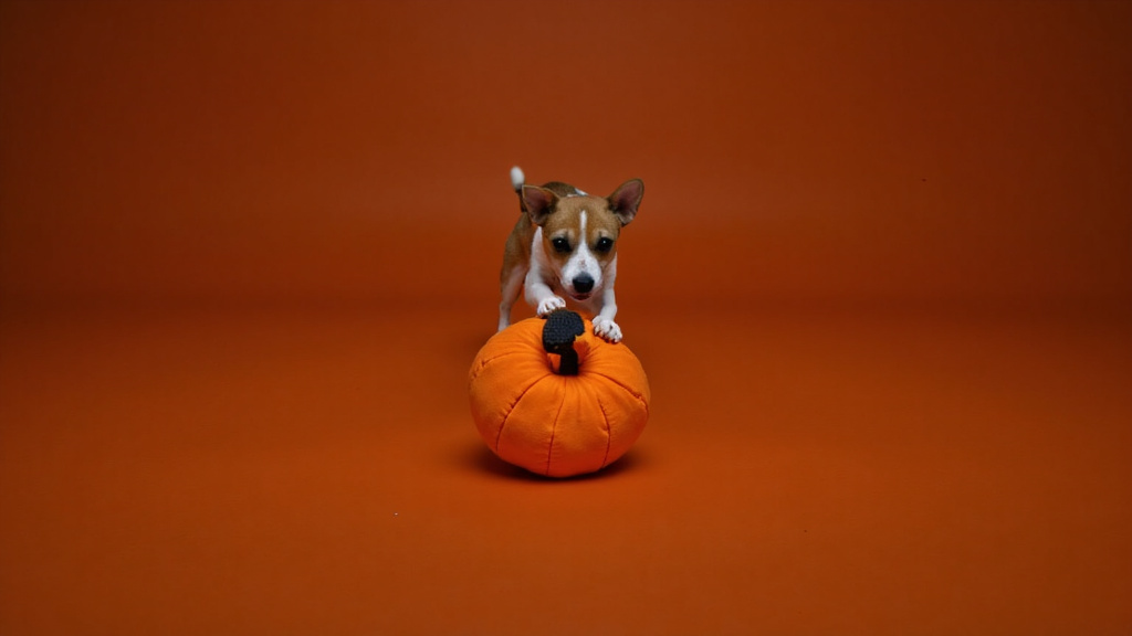 Energetic Jack Russell Terrier playing tug-of-war with a plush pumpkin toy, surrounded by Halloween decorations