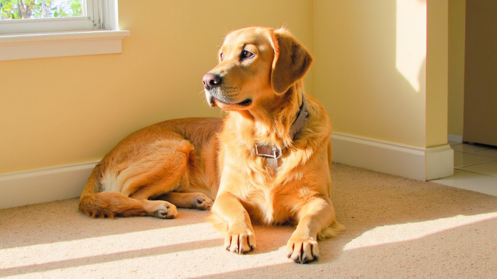 A senior dog staring blankly at a wall, ignoring its owner's call in a living room.