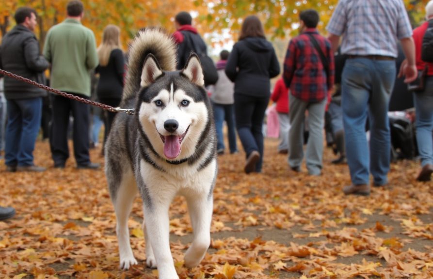 Siberian husky confidently walking through a fall festival crowd with vibrant autumn foliage.