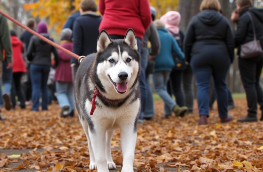 Siberian husky confidently walking through a fall festival crowd with vibrant autumn foliage, focused on its owner, leash visible, joyful atmosphere.