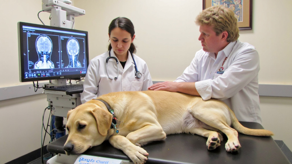 Veterinarian examining a senior dog on a table with concerned owner looking on, brain scan results visible.