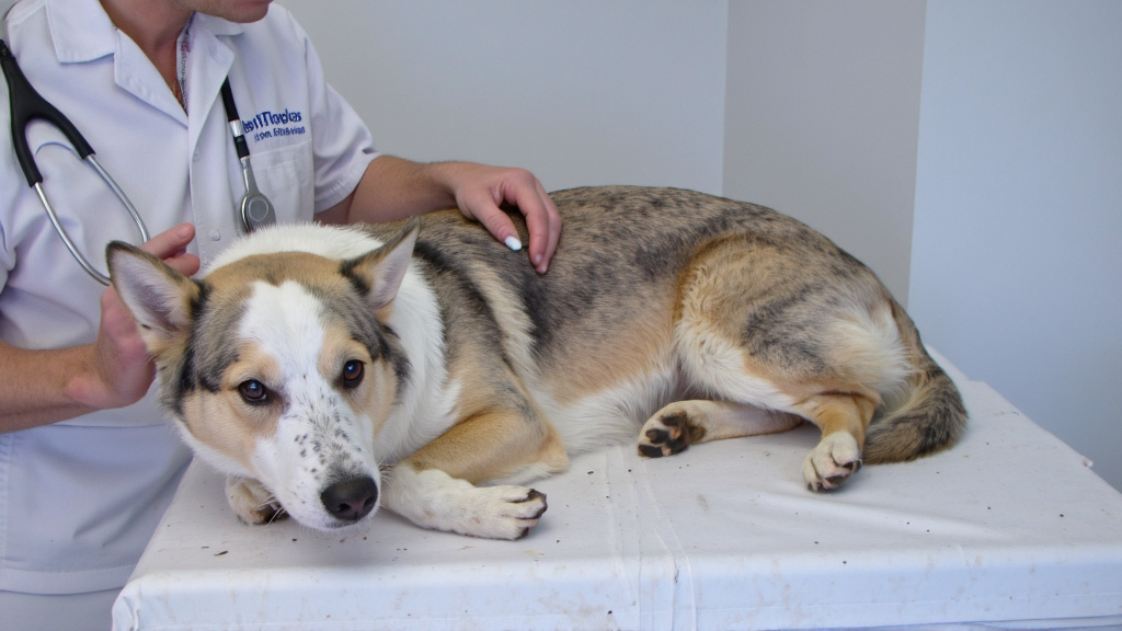Border collie lying on an examination table as a veterinarian applies topical cream to small bumps on its side.